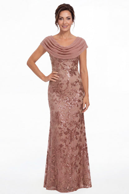 Dusty Rose Draped Cowl Neck Sequin Chiffon Maxi Gown - Front View