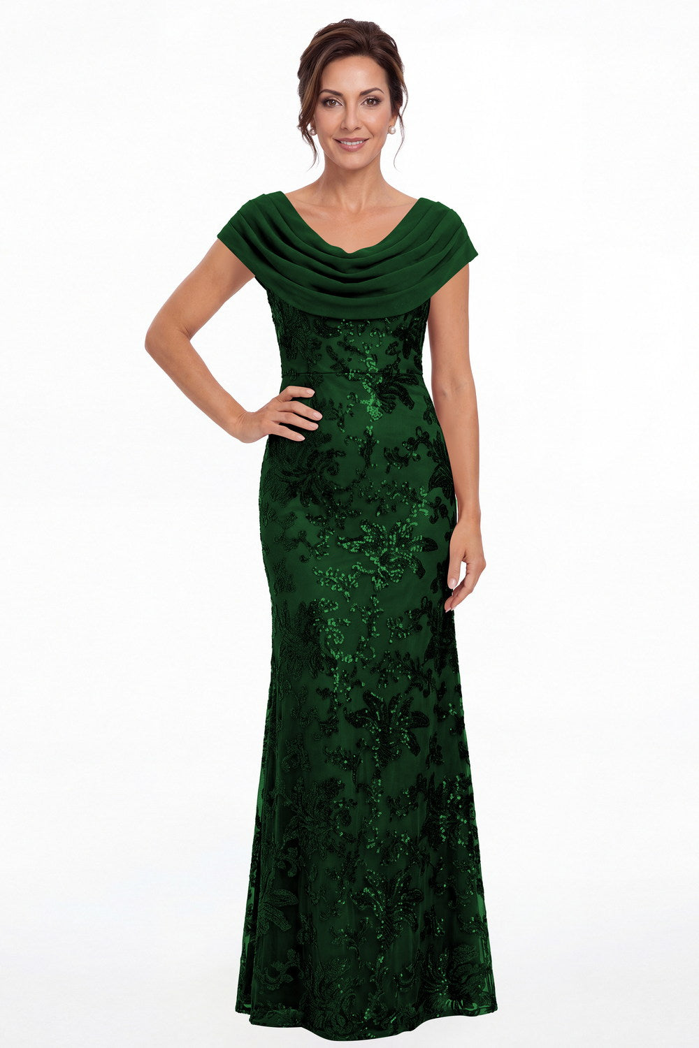 Emerald Green Draped Cowl Neck Sequin Chiffon Maxi Gown - Front View