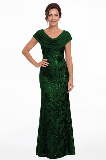 Emerald Green Draped Cowl Neck Sequin Chiffon Maxi Gown - Front View