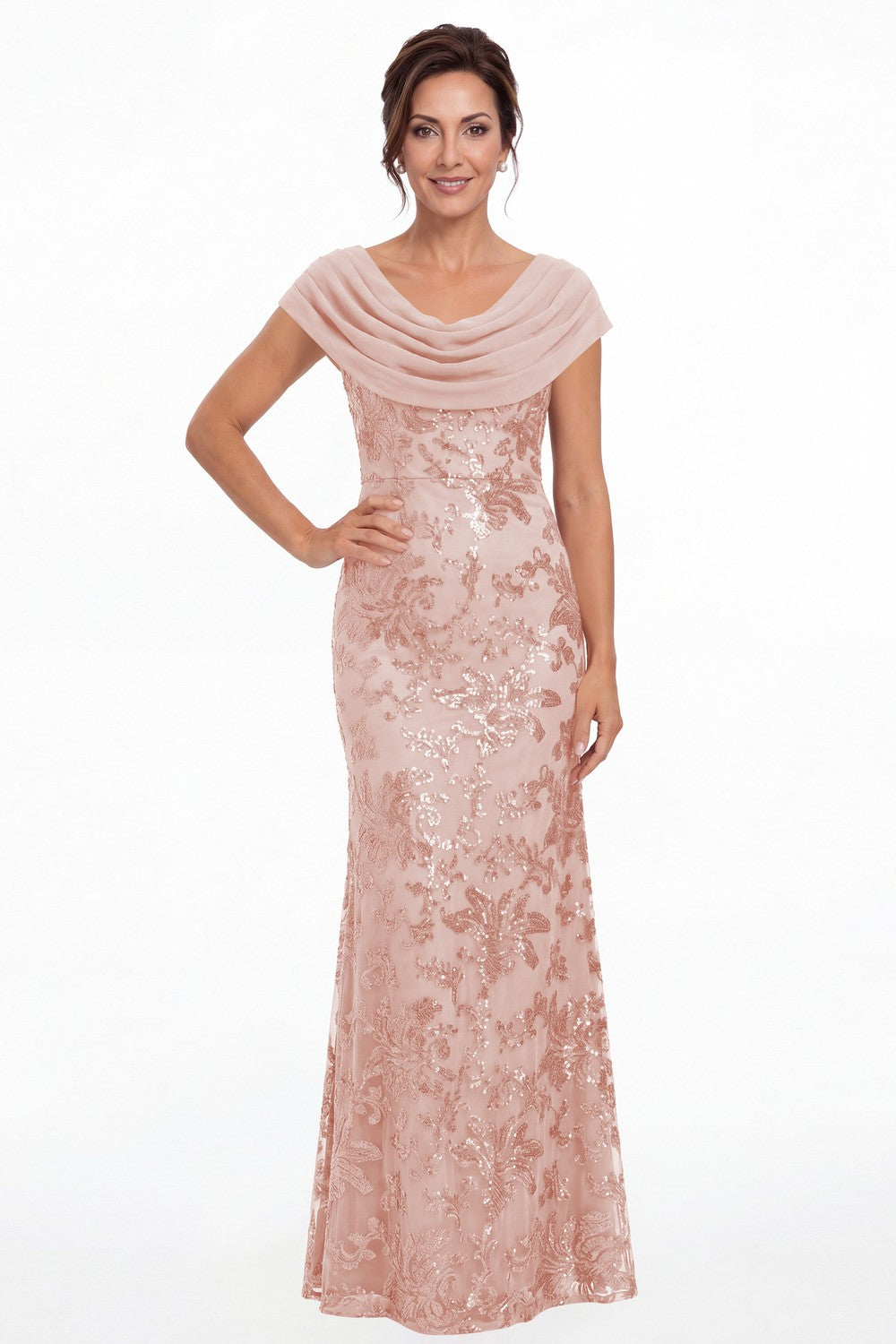 Light Pink Draped Cowl Neck Sequin Chiffon Maxi Gown - Front View