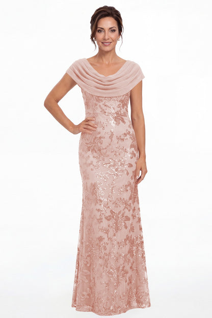 Light Pink Draped Cowl Neck Sequin Chiffon Maxi Gown - Front View