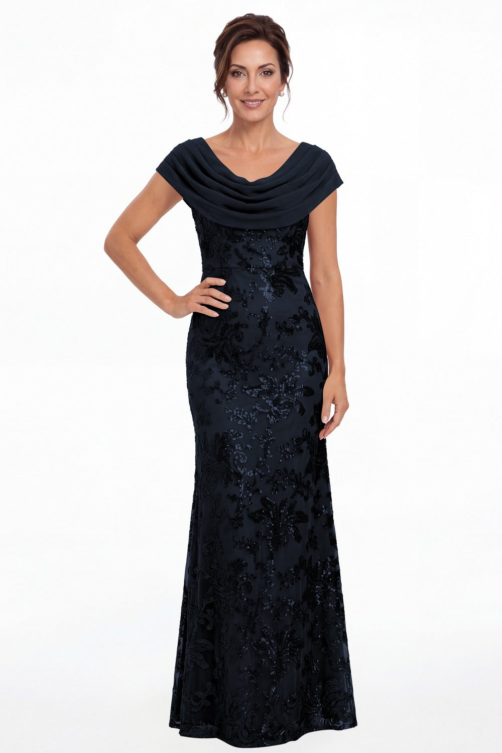 Navy Blue Draped Cowl Neck Sequin Chiffon Maxi Gown - Front View