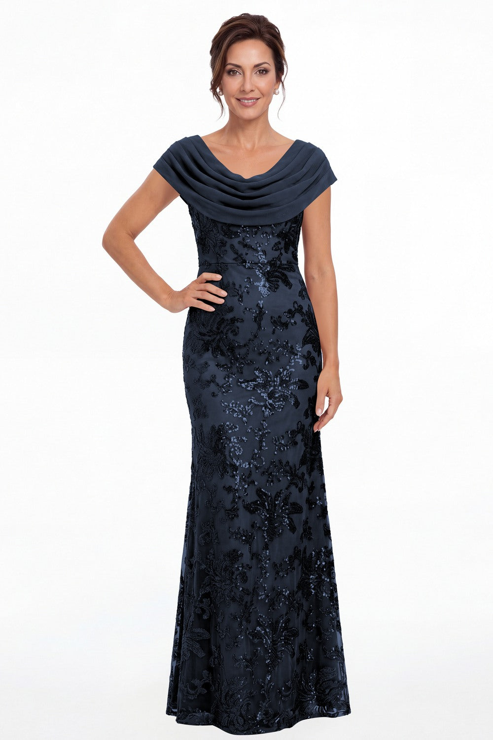 Navy Blue Draped Cowl Neck Sequin Chiffon Maxi Gown - Front View