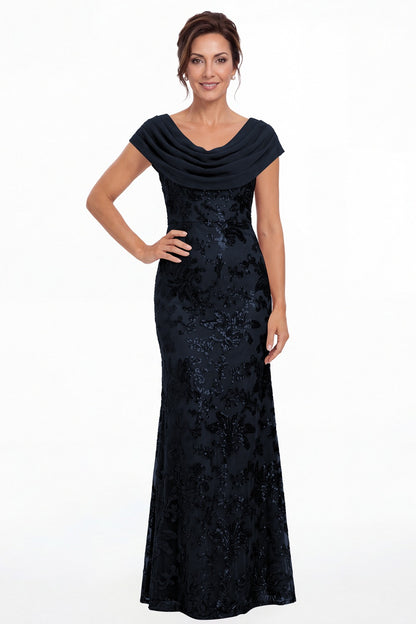 Navy Blue Draped Cowl Neck Sequin Chiffon Maxi Gown - Front View