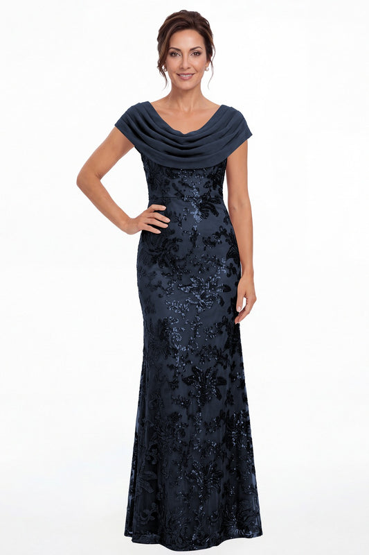 Navy Blue Draped Cowl Neck Sequin Chiffon Maxi Gown - Front View