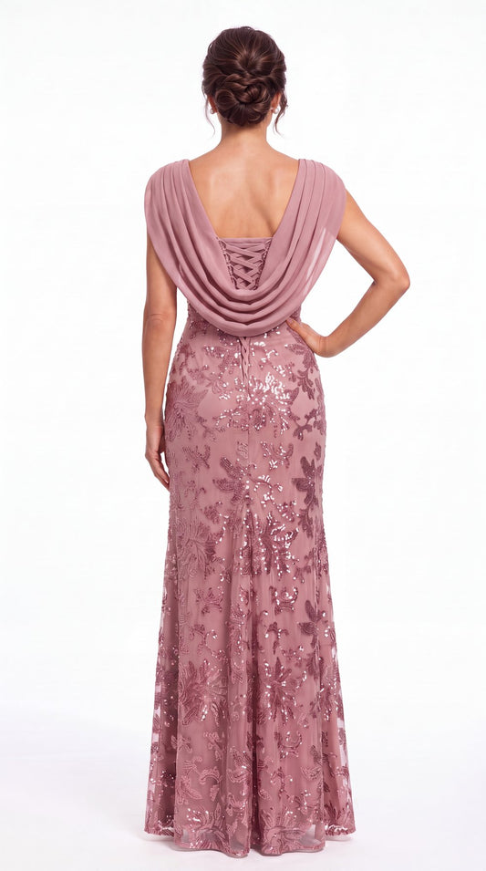 Draped Cowl Neck Sequin Chiffon Maxi Gown - Back View
