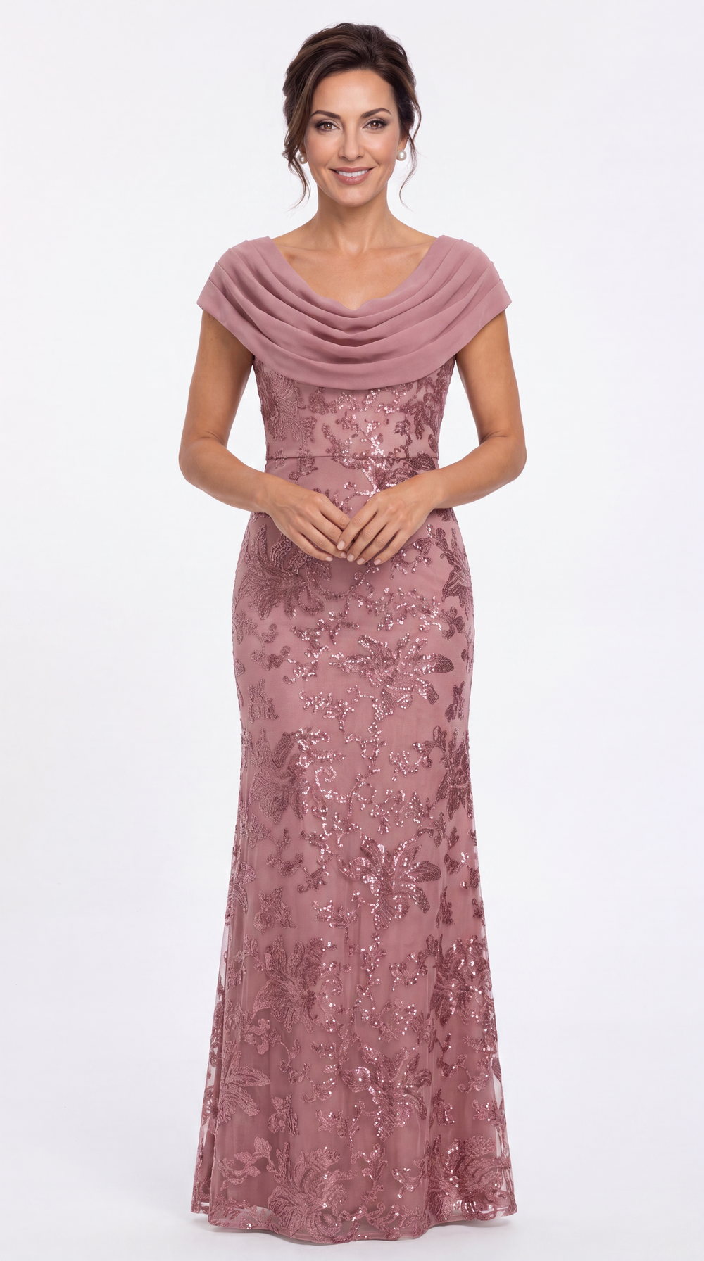 Draped Cowl Neck Sequin Chiffon Maxi Gown - Detail View 3
