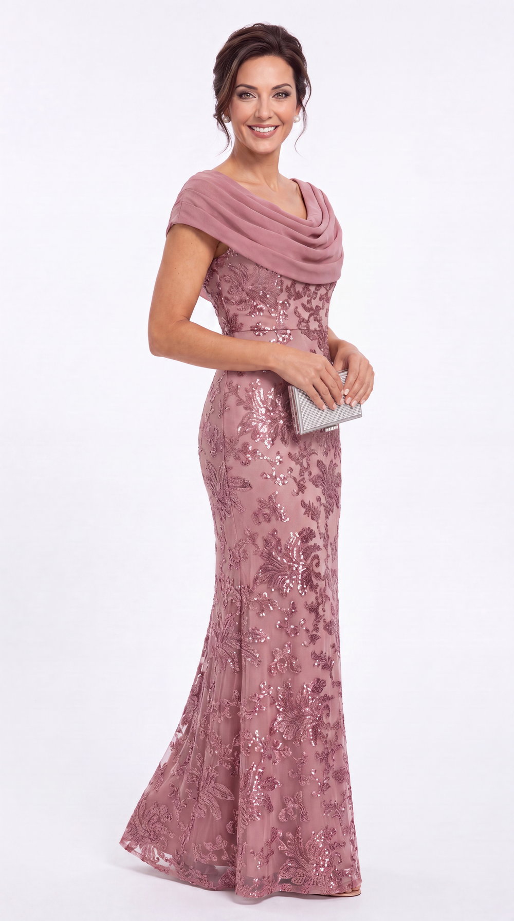 Draped Cowl Neck Sequin Chiffon Maxi Gown - Detail View 4