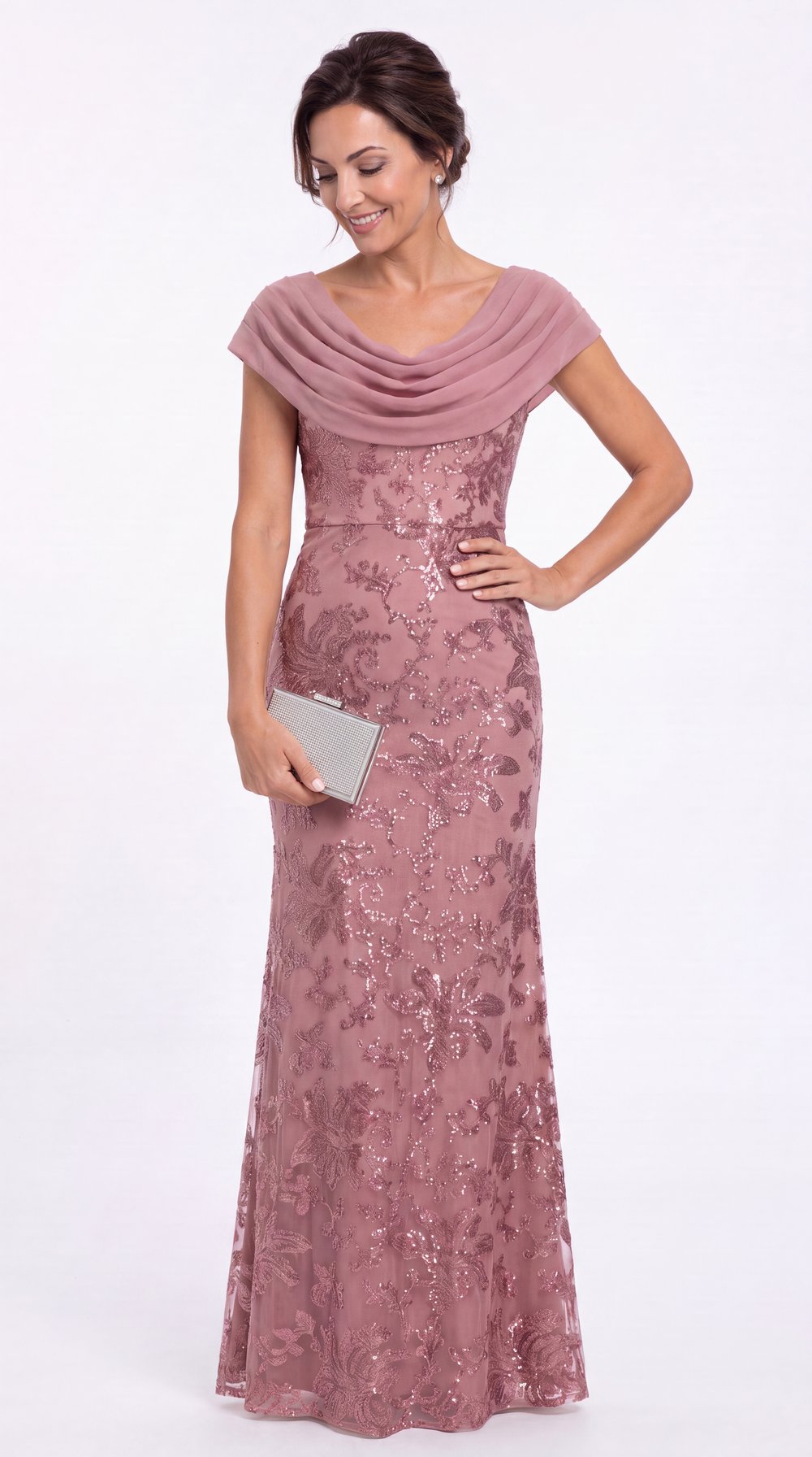 Draped Cowl Neck Sequin Chiffon Maxi Gown - Detail View 5