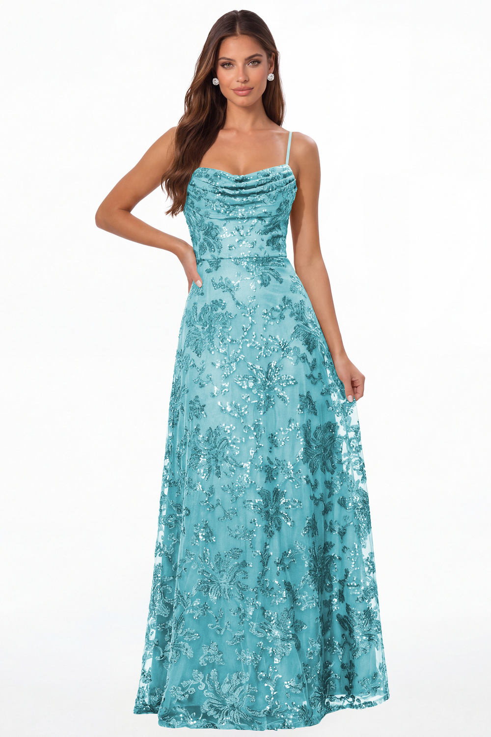 Aqua Blue Sequin Cowl Neck A-Line Prom Gown - Front View