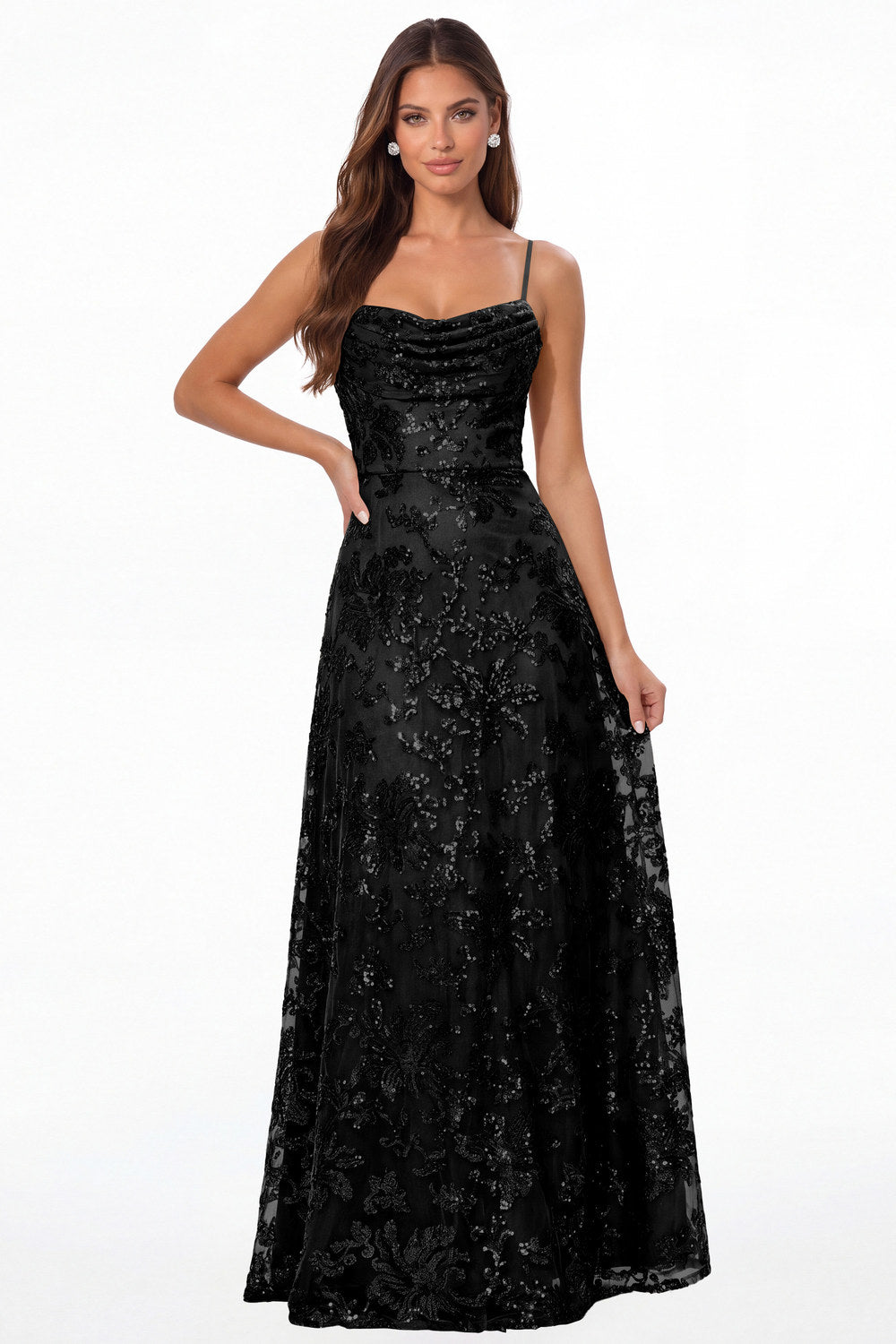 Black Sequin Cowl Neck A-Line Prom Gown - Front View