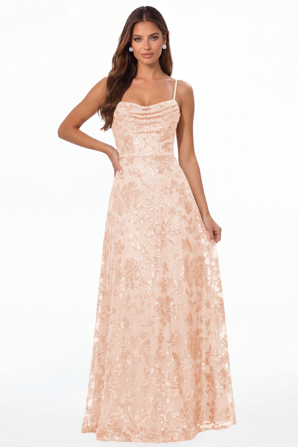 Blush Pink Sequin Cowl Neck A-Line Prom Gown - Front View