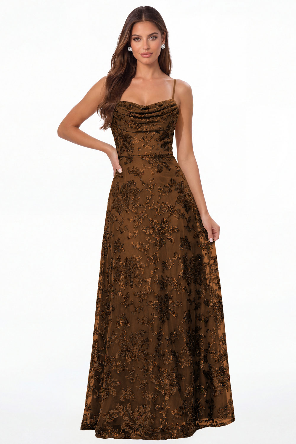 Brown Sequin Cowl Neck A-Line Prom Gown - Front View