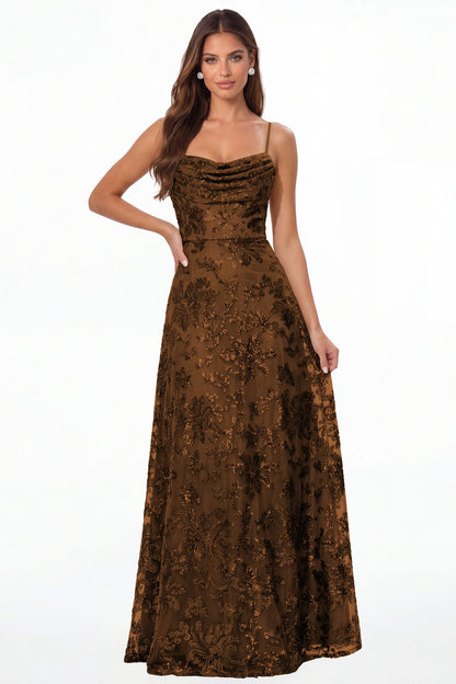 Brown Sequin Cowl Neck A-Line Prom Gown - Front View