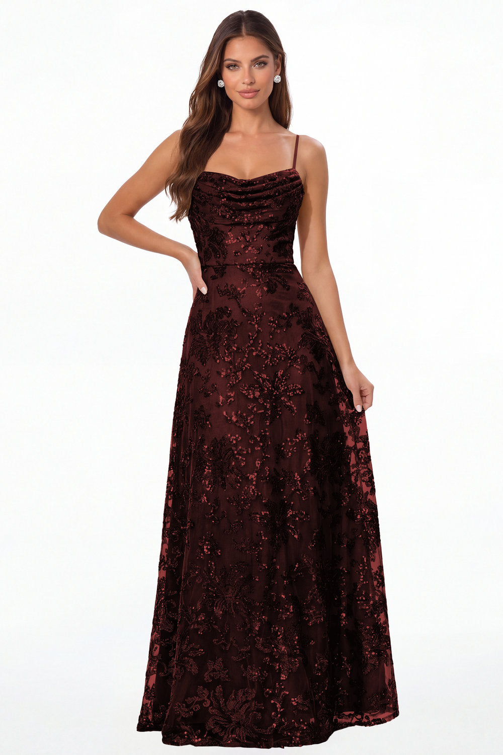 Burgundy Sequin Cowl Neck A-Line Prom Gown - Front View