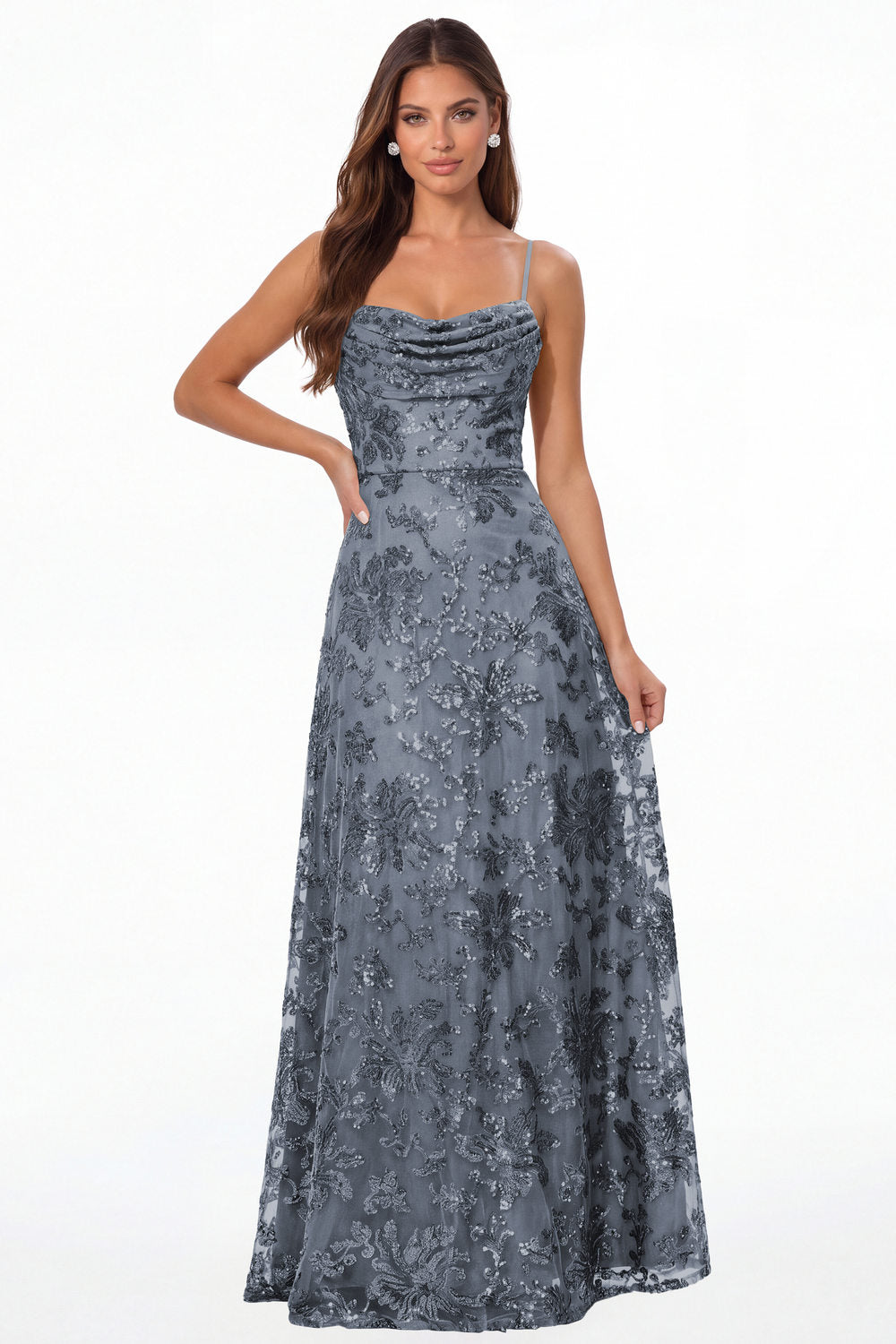 Dusty Blue Sequin Cowl Neck A-Line Prom Gown - Front View