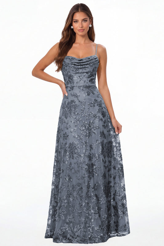 Dusty Blue Sequin Cowl Neck A-Line Prom Gown - Front View