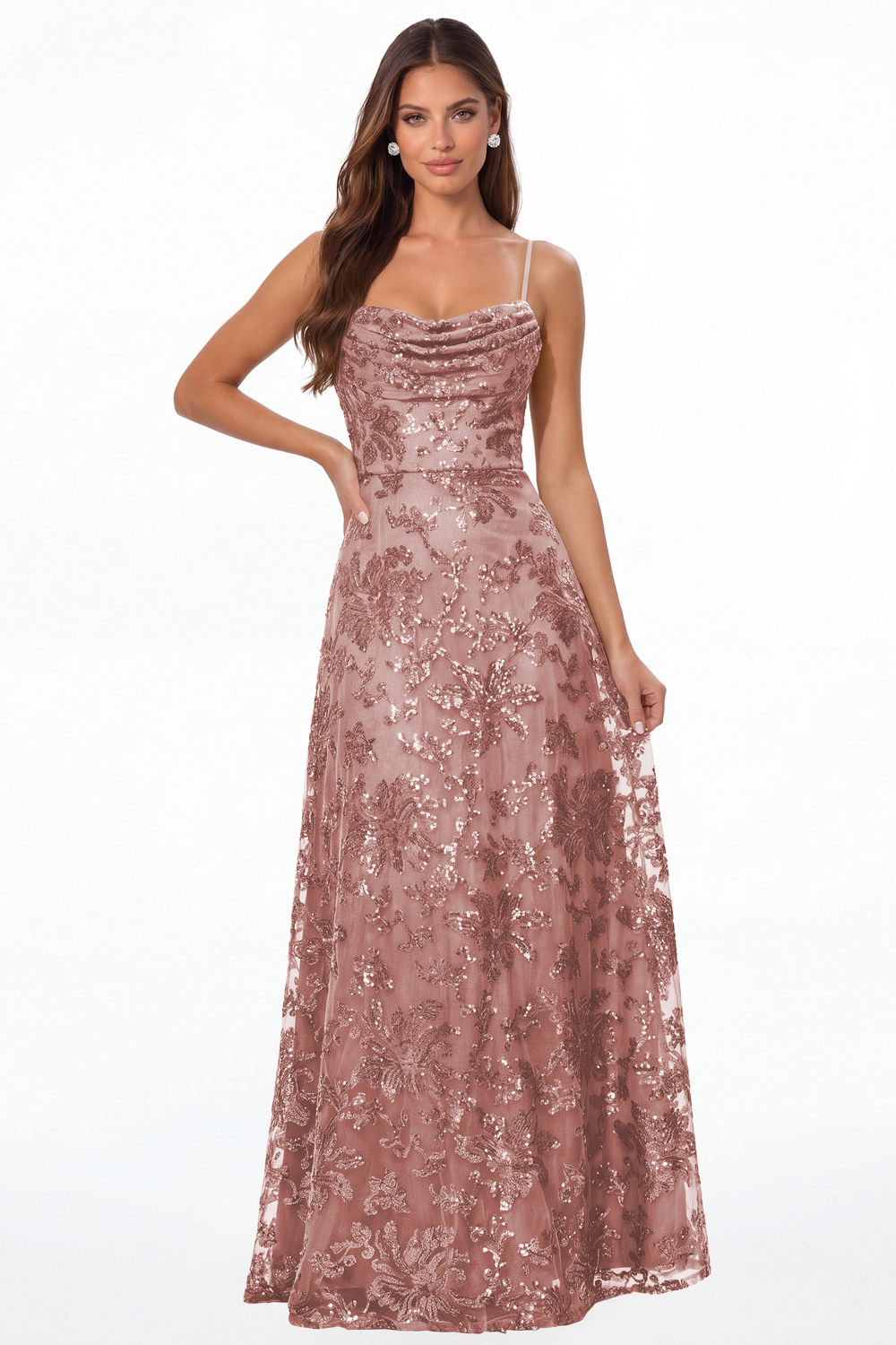 Dusty Rose Sequin Cowl Neck A-Line Prom Gown - Front View