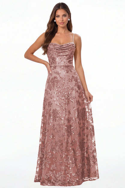 Dusty Rose Sequin Cowl Neck A-Line Prom Gown - Front View
