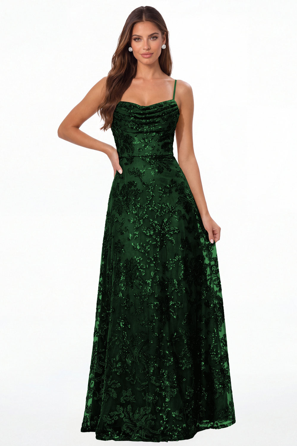 Emerald Green Sequin Cowl Neck A-Line Prom Gown - Front View