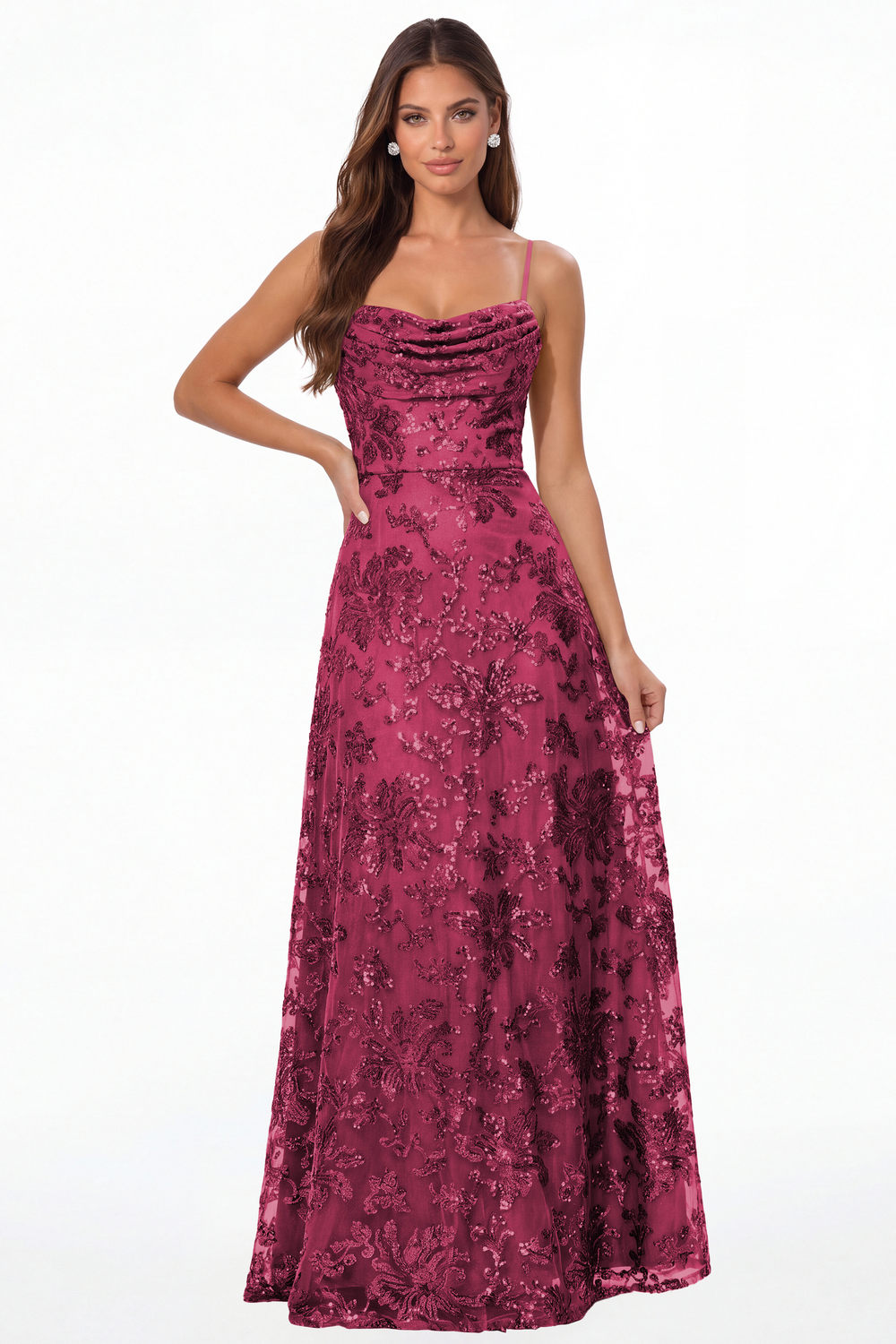 Fuchsia Sequin Cowl Neck A-Line Prom Gown - Front View