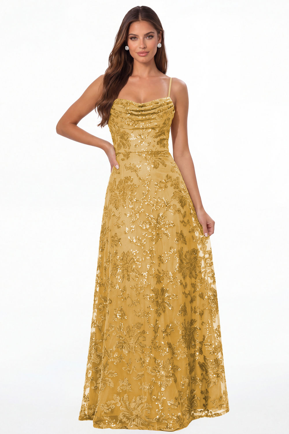 Gold Sequin Cowl Neck A-Line Prom Gown - Front View