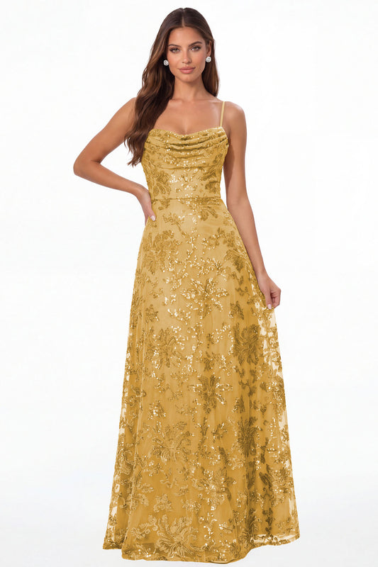 Gold Sequin Cowl Neck A-Line Prom Gown - Front View