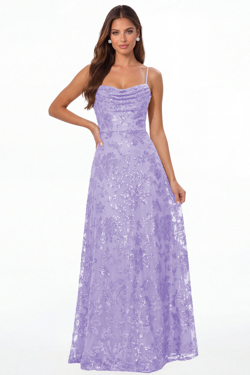 Lavender Sequin Cowl Neck A-Line Prom Gown - Front View