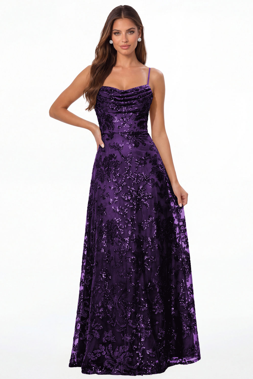 Purple Sequin Cowl Neck A-Line Prom Gown - Front View