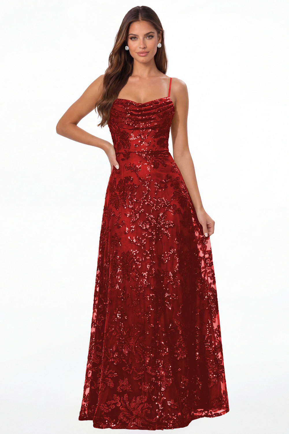 Red Sequin Cowl Neck A-Line Prom Gown - Front View