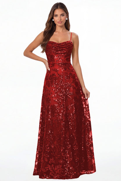 Red Sequin Cowl Neck A-Line Prom Gown - Front View