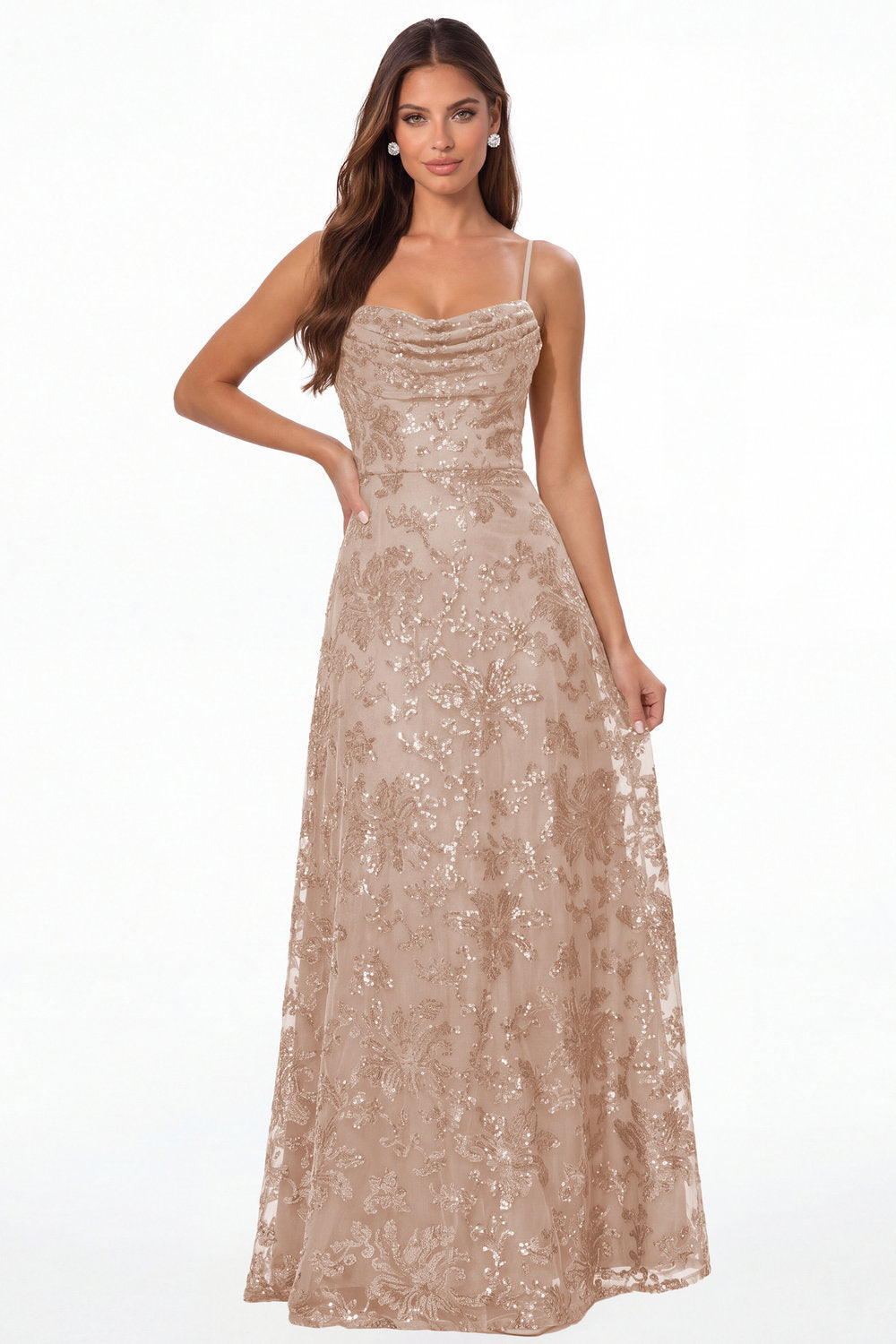 Rose Gold Sequin Cowl Neck A-Line Prom Gown - Front View