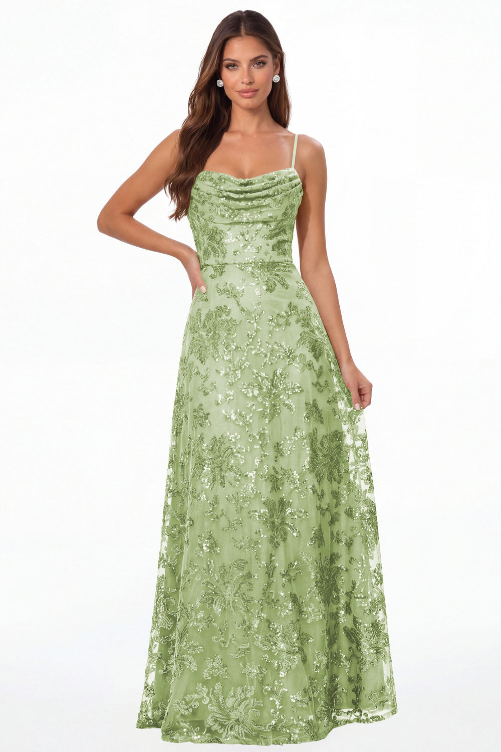 Sage Green Sequin Cowl Neck A-Line Prom Gown - Front View