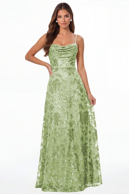 Sage Green Sequin Cowl Neck A-Line Prom Gown - Front View