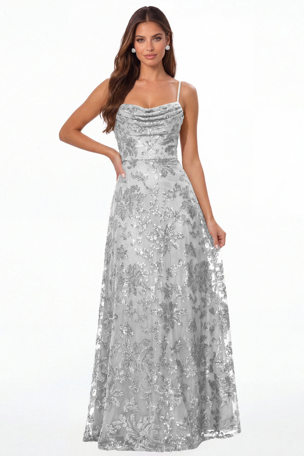 Silver Sequin Cowl Neck A-Line Prom Gown - Front View