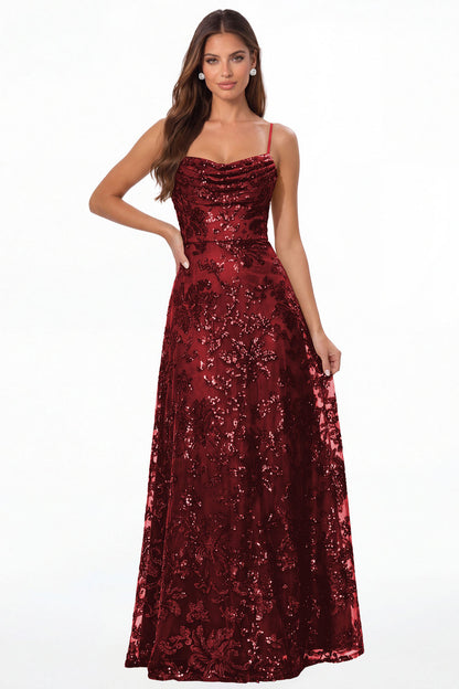 Wine Red Sequin Cowl Neck A-Line Prom Gown - Front View