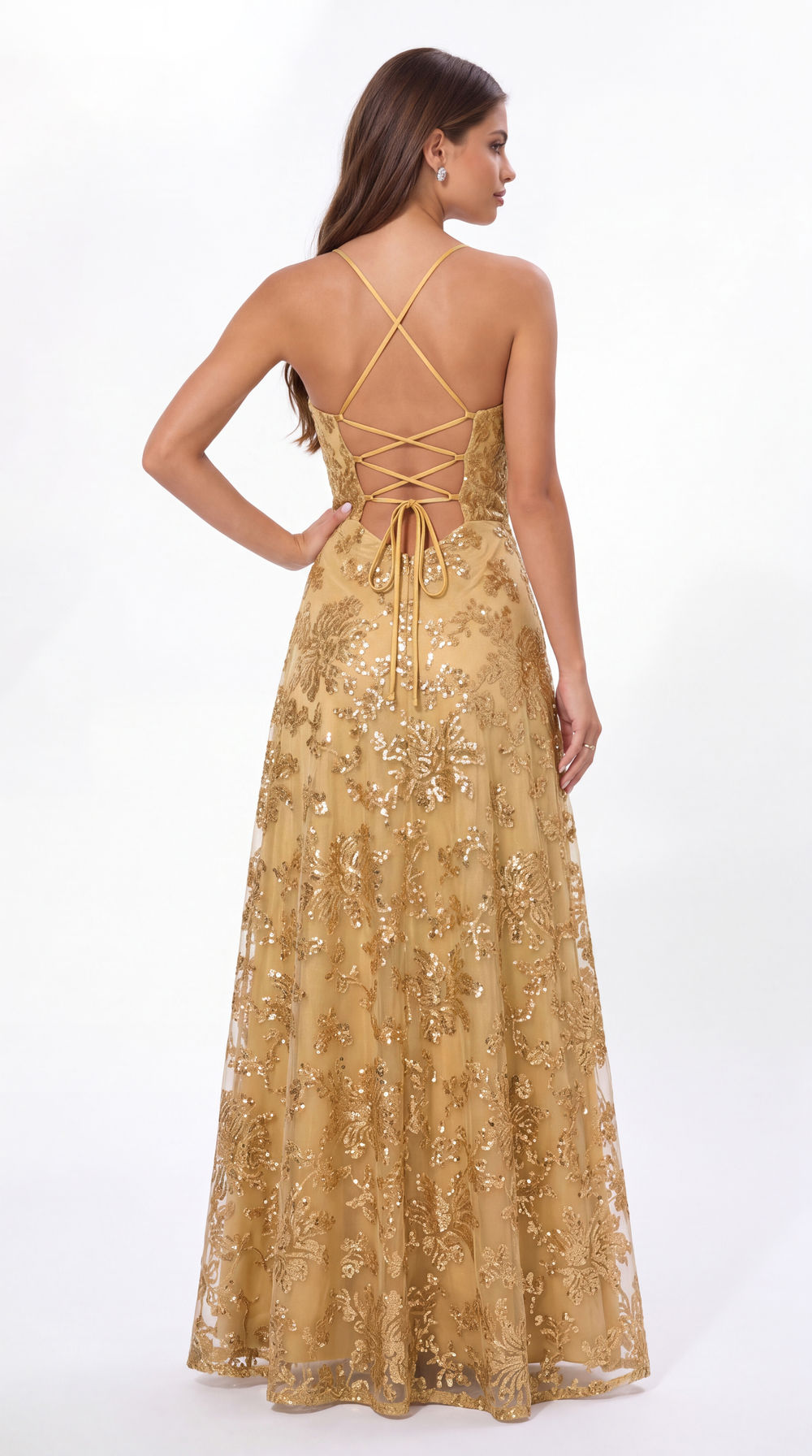 Sequin Cowl Neck A-Line Prom Gown - Back View