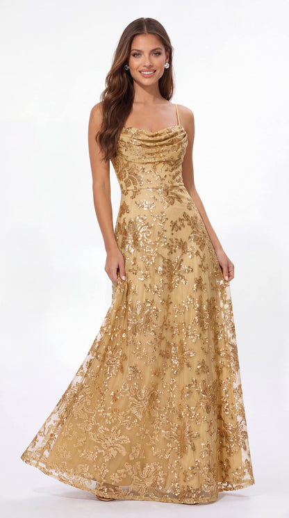 Sequin Cowl Neck A-Line Prom Gown - Detail View 3