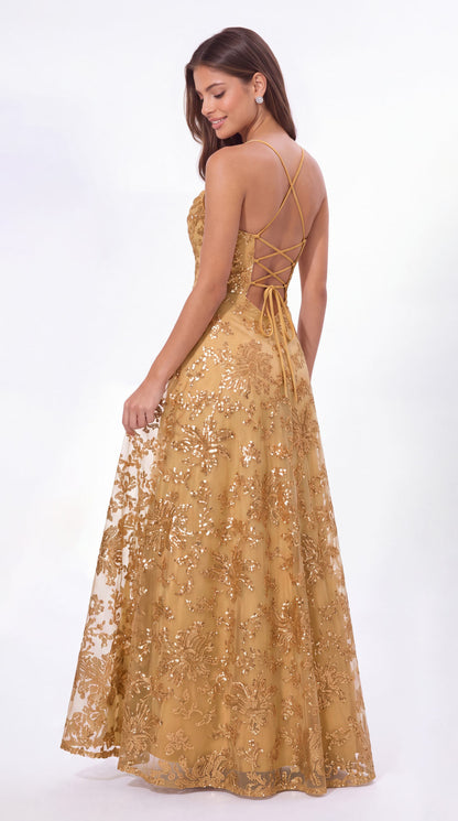 Sequin Cowl Neck A-Line Prom Gown - Detail View 5