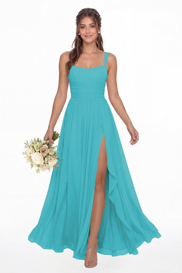 Aqua Blue Square Neck Ruched Chiffon Slit Maxi Gown - Front View