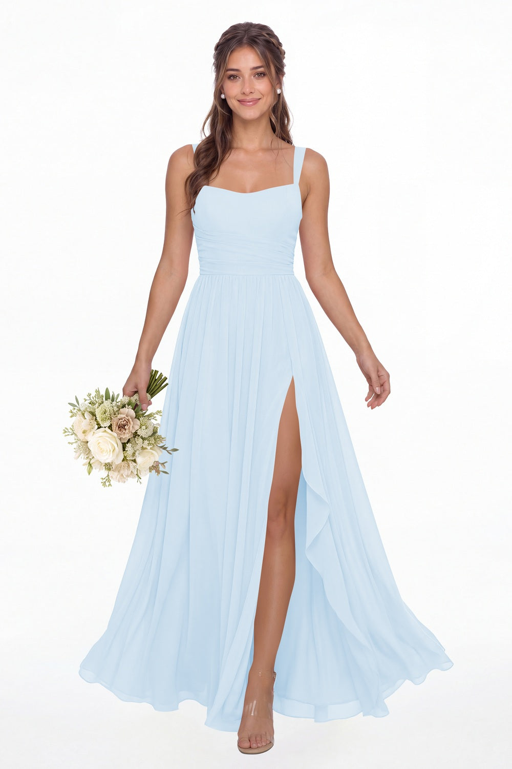 Baby Blue Square Neck Ruched Chiffon Slit Maxi Gown - Front View
