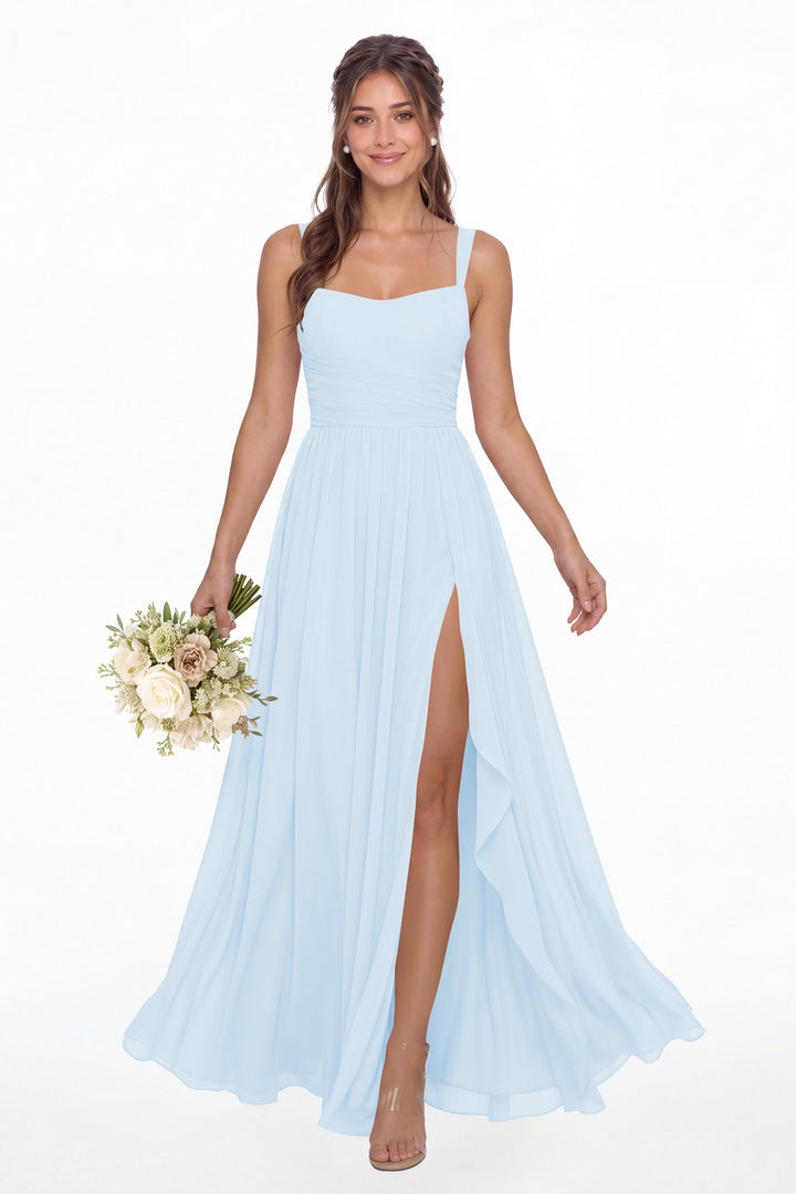 Baby Blue Square Neck Ruched Chiffon Slit Maxi Gown - Front View