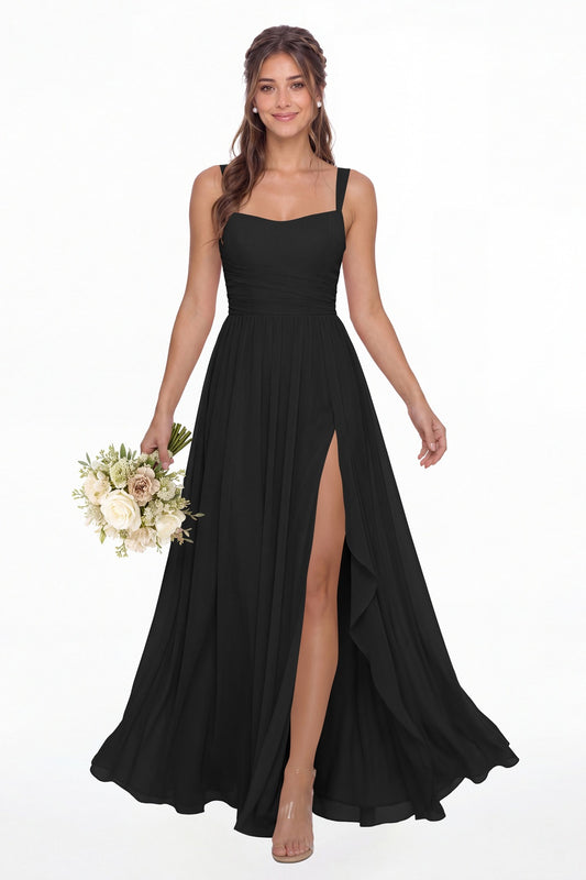 Black Square Neck Ruched Chiffon Slit Maxi Gown - Front View