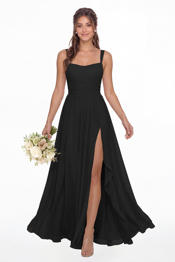 Black Square Neck Ruched Chiffon Slit Maxi Gown - Front View
