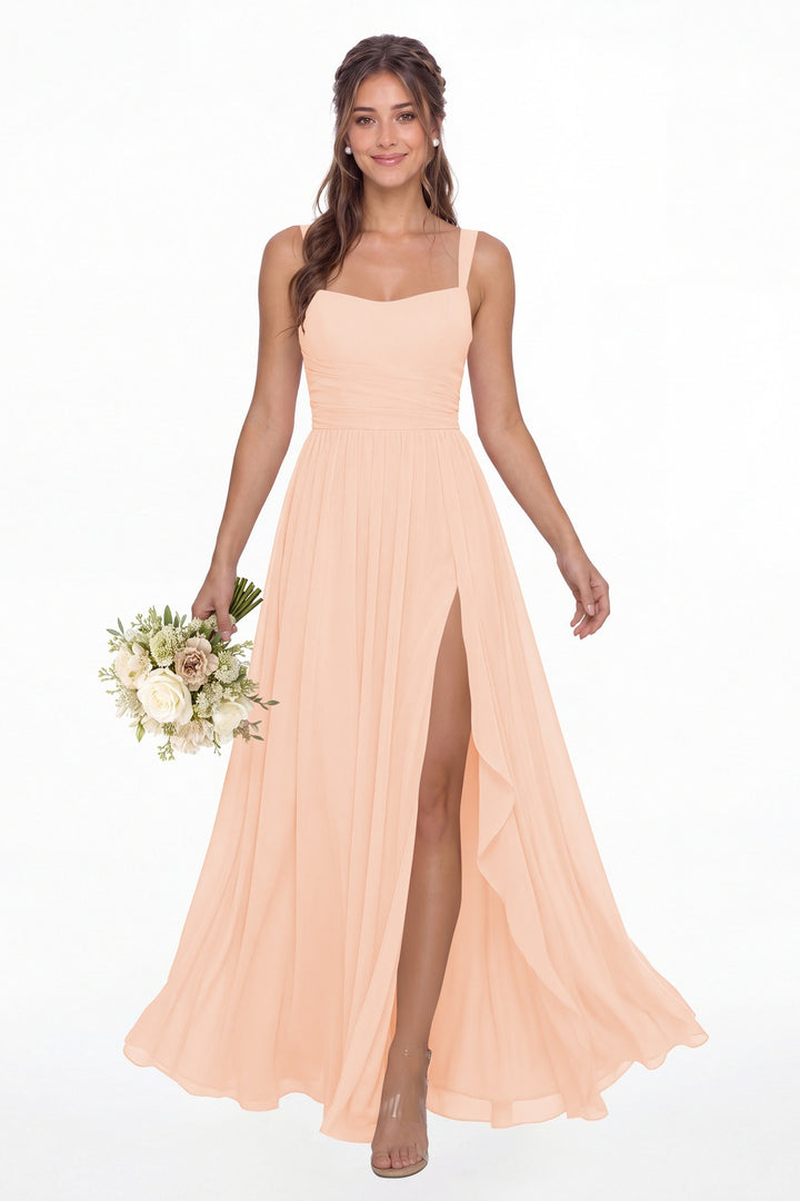 Blush Pink Square Neck Ruched Chiffon Slit Maxi Gown - Front View
