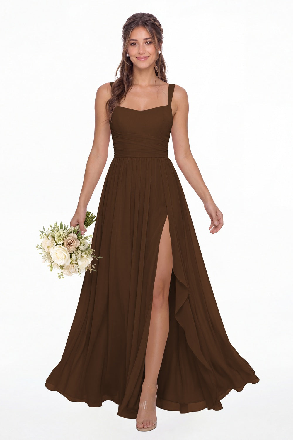 Brown Square Neck Ruched Chiffon Slit Maxi Gown - Front View