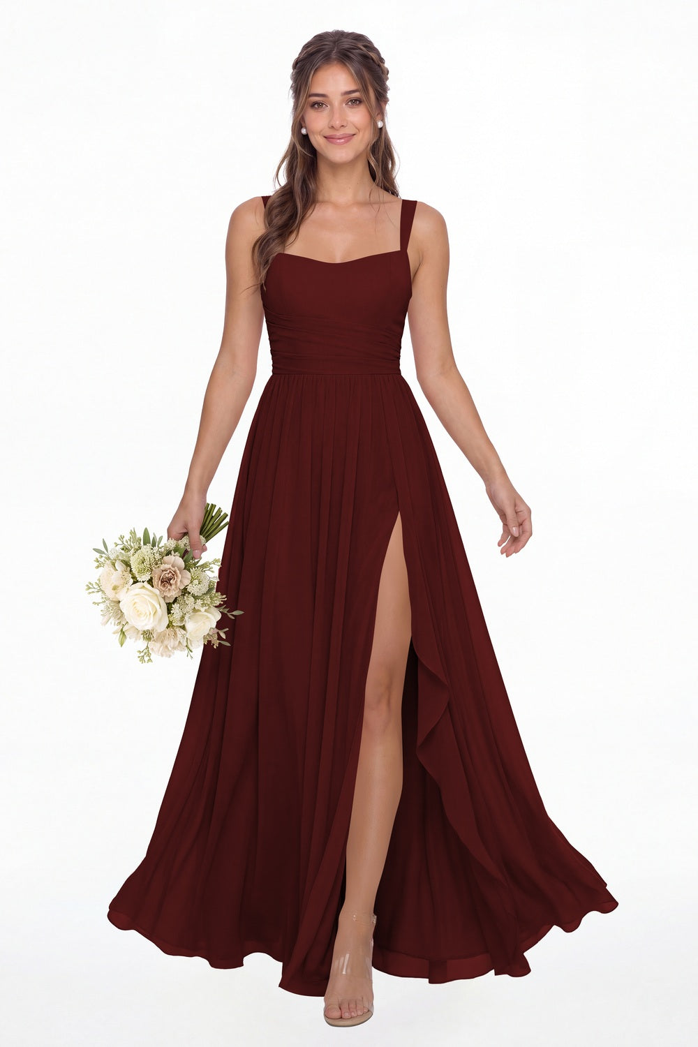Burgundy Square Neck Ruched Chiffon Slit Maxi Gown - Front View