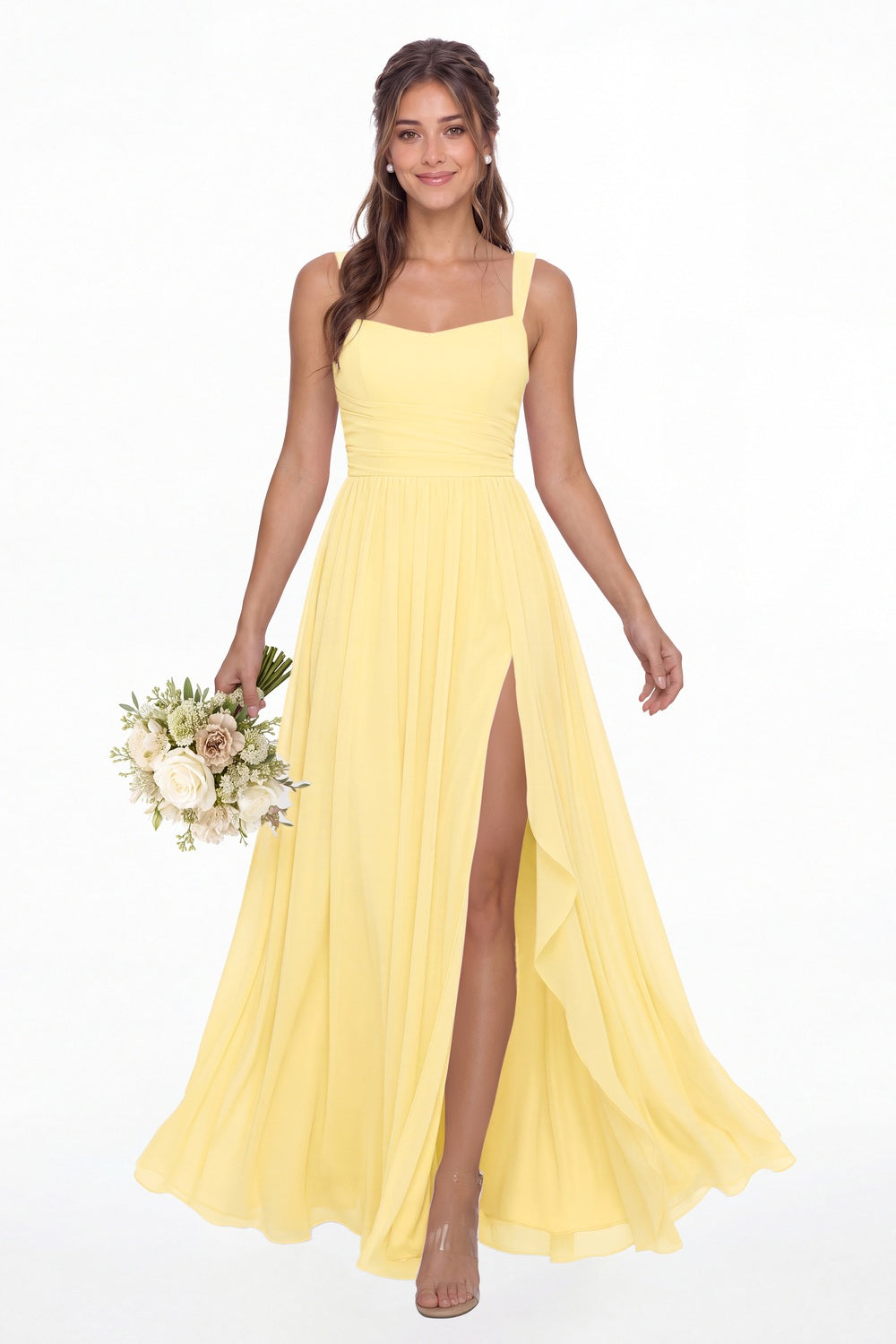 Butter Yellow Square Neck Ruched Chiffon Slit Maxi Gown - Front View