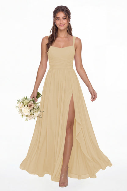 Champagne Square Neck Ruched Chiffon Slit Maxi Gown - Front View
