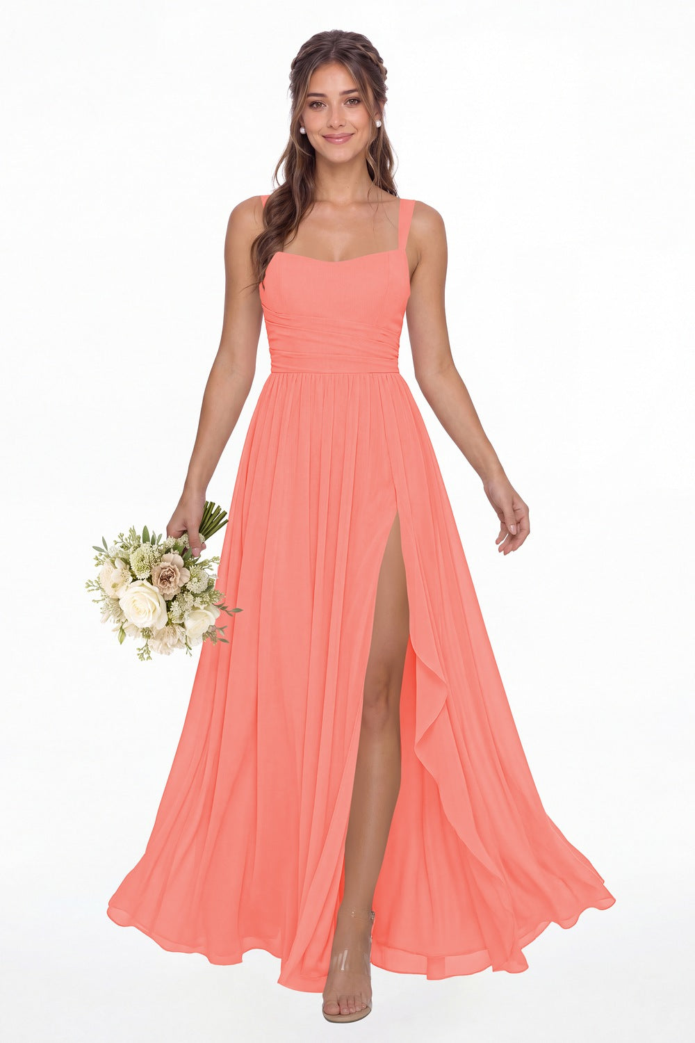 Coral Square Neck Ruched Chiffon Slit Maxi Gown - Front View